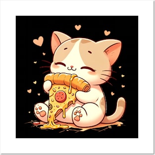 Cute kawaii Eating Pizza, Funny Pizza lover Posters and Art